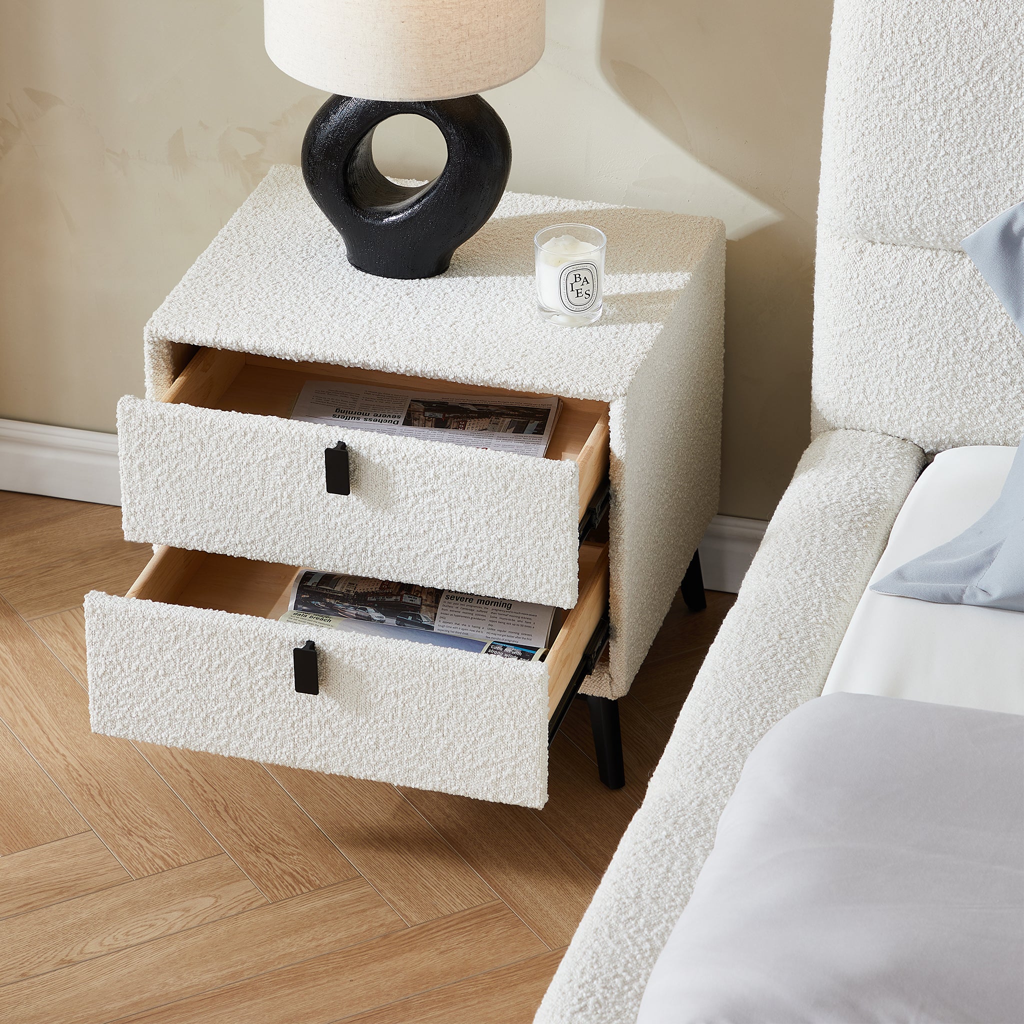 Cushy Boucle Fabric Nightstand - Soft-Touch Bedside Table with Drawer in Textured Boucle Upholstery - Image 6